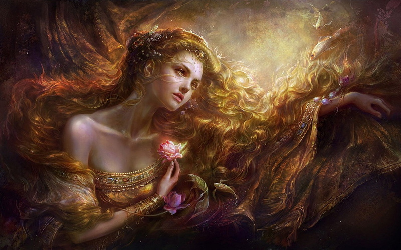 fantasy art, women, artwork, long hair, fantasy girl, gold, 720P, fish, bare shoulders