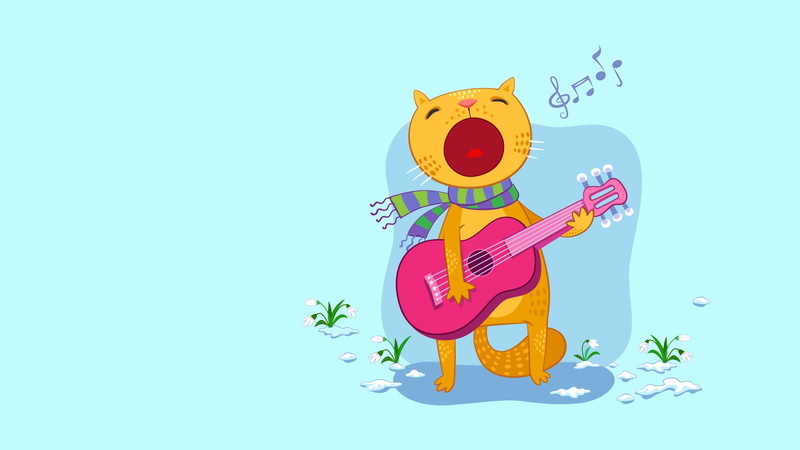 vector, March cat, March, spring, mood, cat, gift, holiday, art, song, guitar, 8 Matra, snowdrop, 1080P, surprise