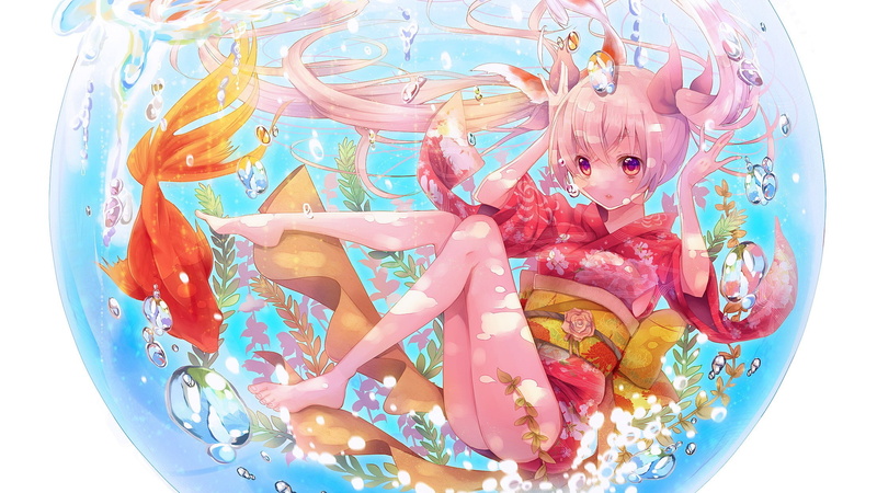 japanese, water, fanmade, long, sakura, pink, plants, fish, twintails, hair, red, barefoot, 1080P, bubbles, legs, girls, ornaments, miku, hatsune, roses