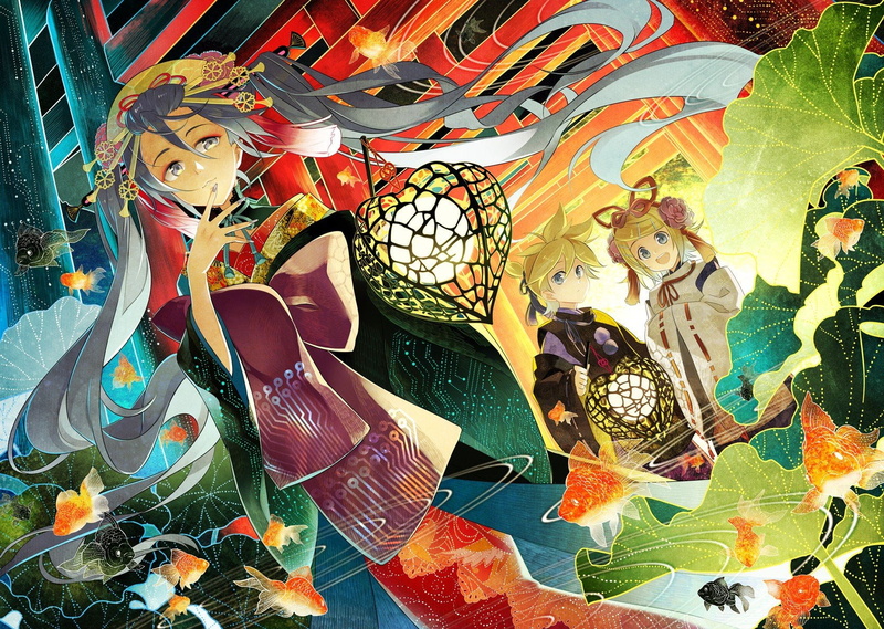 ponytails, rin, long, miku, hair, fish, dressing, clothes, lanterns, smiling, vocaloid, eyes, hatsune, animals, mouth, short, japanese, kimono, gray, blondes