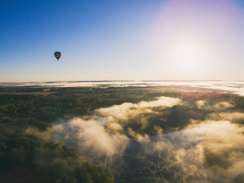 adventure, scenics, woods, tranquility, hot air balloon, above, balloon, air, nature, no people, mid-air, flying, travel, aerial view, cloudscape, trees