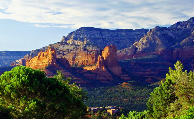 nature, rock - Object, Sandstone, Sundown, skies, mountain, Sedona, Clouds, cliff, trees, blue, 720P, az, Beauty, green leaf, photo, national Park, Sunset