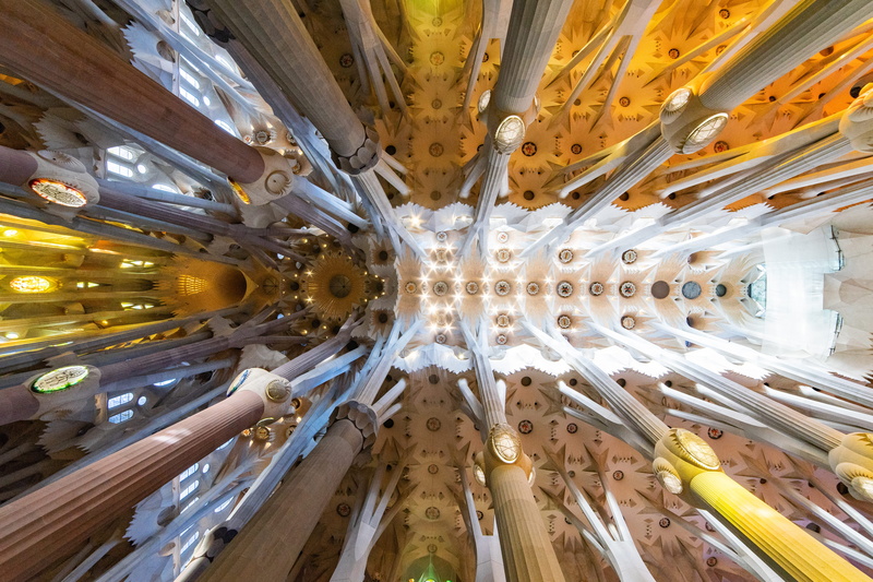 religion, arched, super wide angle, barcelona, full frame, ornate, creativity, pattern, ceiling, low angle view, built structure, spain, gaudi, place of worship