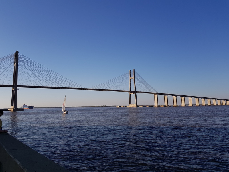 blue, transportation, bay, city, boats, rosario - victoria, sky, 4K, santa fe, connection, nature, suspension bridge, bridge, water, bridge - man made structure