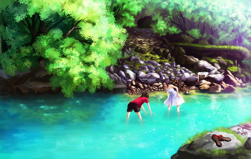 tree, dress, shorts, water, brown, hair, sorin, summer, 1080P, pengnangehao, girls, ponytail, original, black
