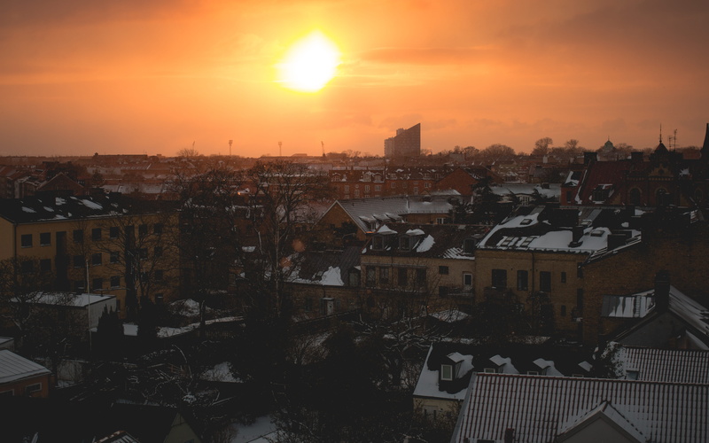 building, residential district, townscape, sun, crowded, building exterior, sunset, architecture, lund, cold temperature, outdoors, cityscape, sweden, rooftops