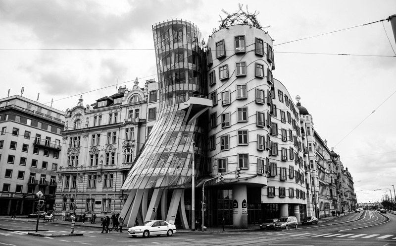 photo, buildings, Black and White, building, cloud - sky, sky, nature, motor vehicle, structure, prague, road, outdoors, residential district, land vehicle