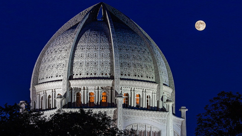 travel destinations, architecture, travel, sky, outdoors, city, dome, full moon, 1080P, bahai temple, space, moonlight, night, building exterior, built structure