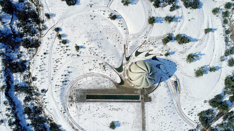 snow, cold temperature, old, drone, art and craft, aerial, bahai temple, topdown, architecture, bahai, textured, dome, sunlight, peñalolen, nature, white