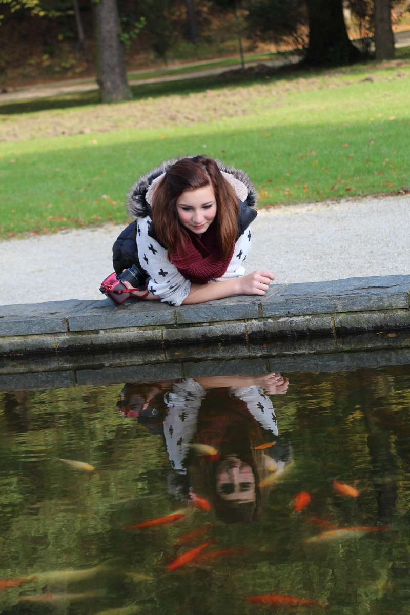 red and black, park, pond, women, females, leaning, portrait, nature, creature, 5K, girls, impressionism, water surface, one person, fish, childhood, concrete