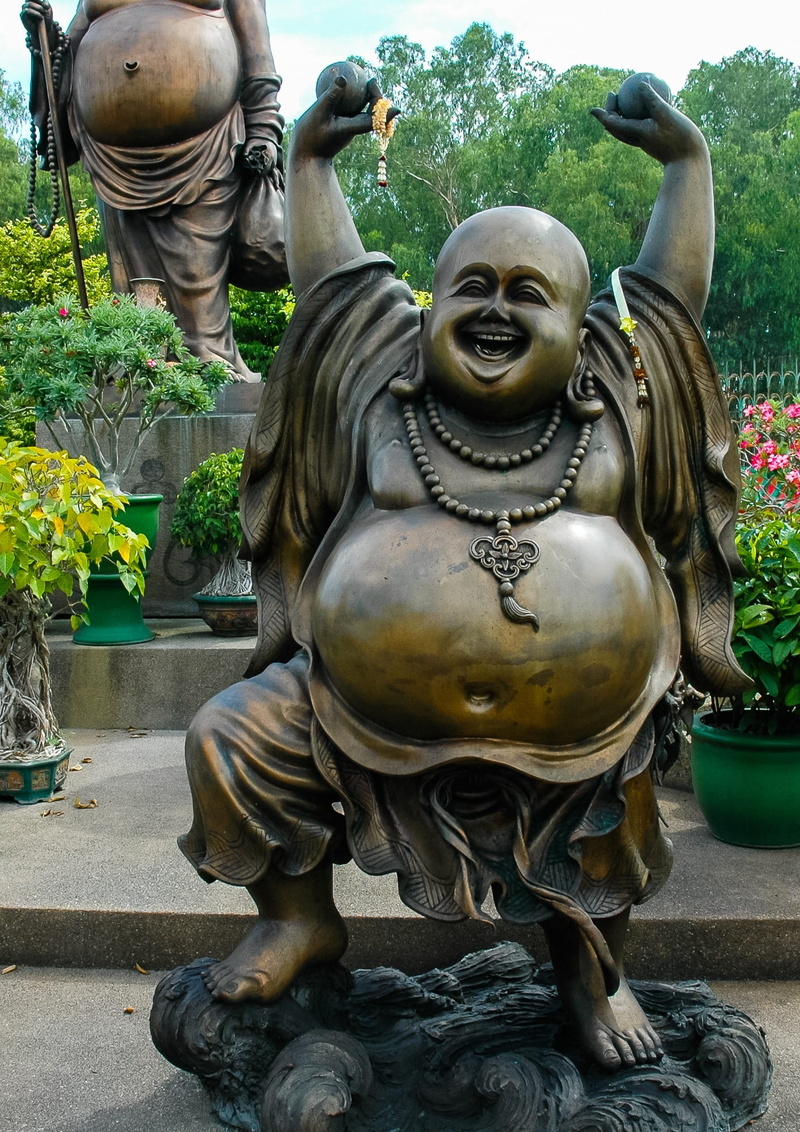 laugh, creativity, male likeness, statue, sculpture, park - man made space, garden, plant, craft, representation, park, spirituality, no people, fat belly