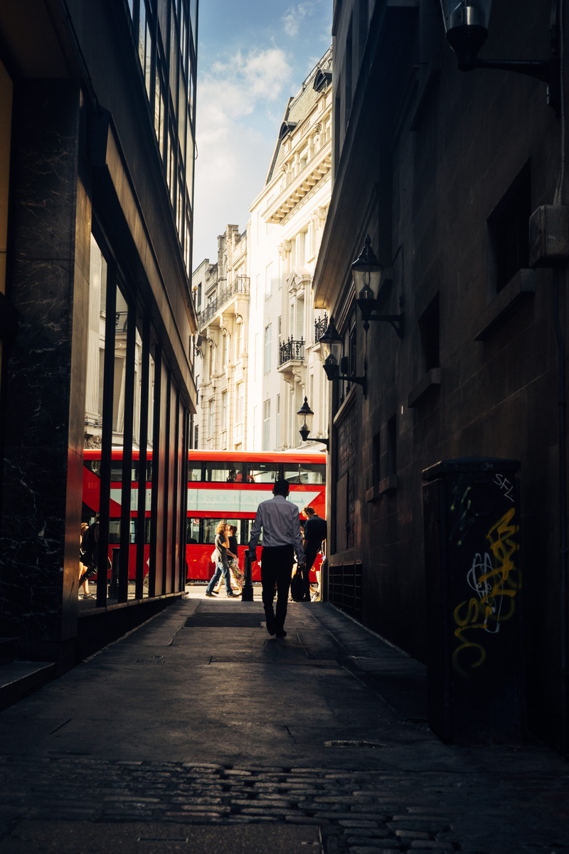 real people, the way forward, street, dress, person, sky, bus, follow, architecture, day, cloud, alleyway, 5K, built structure, adult, urban, alley, red