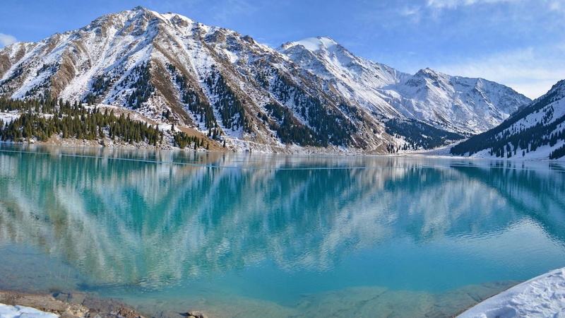 mountain peak, reflection, big, outdoors, mountain range, pine tree, covered, desktop, photography, turquoise colored, no people, tree, tranquility, day