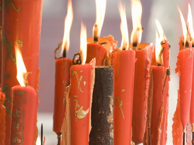 candles, lot, taper, close-up, orange color, place of worship, fire, candle, focus on foreground, red, no people, built structure, nature, characters, melting