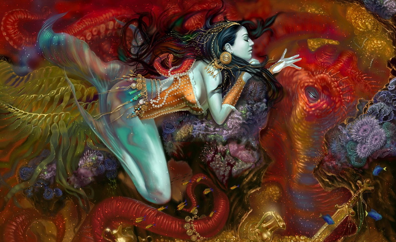 fish, swimming, indoors, sea life, vertebrate, representation, hindu, animal, water, painting, 1080P, animal wildlife, Fantasy, Mermaid, art and craft