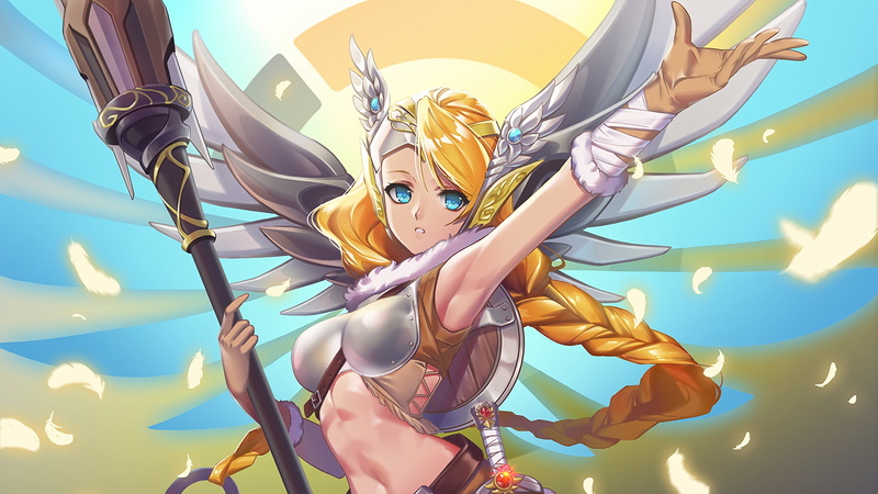 anime, day, young women, Overwatch, multi colored, Mercy (Overwatch), 1080P, people, sky, human representation, young adult, nature, women, low angle view