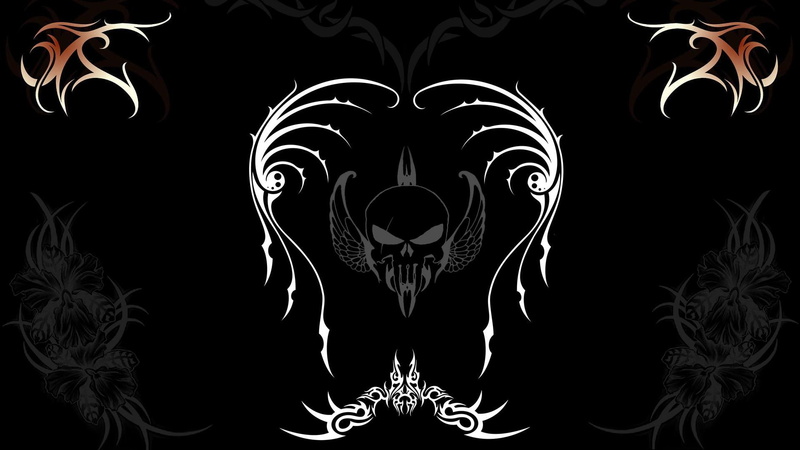 1080P, black, 3d and abstract, flying, skull, tribal, withe