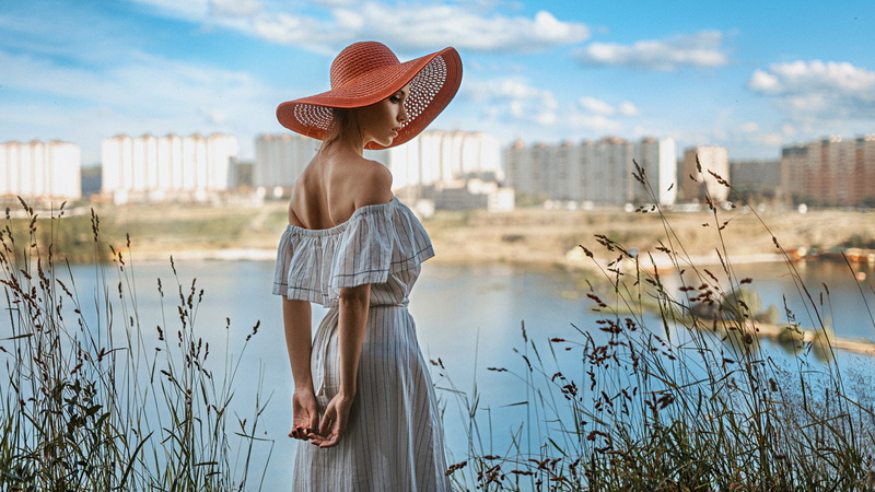 women, bare shoulders, blonde, back, 720P, Ksenia Kokoreva, Georgy Chernyadyev, sun hats, white dress