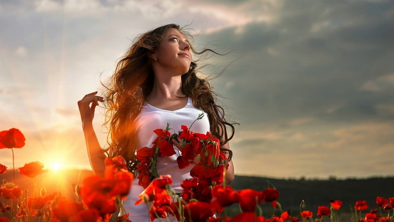 Sun, looking up, 1080P, white clothing, brunette, women, long hair, women outdoors, depth of field, model, white dress, sun rays, poppies, nature, clouds