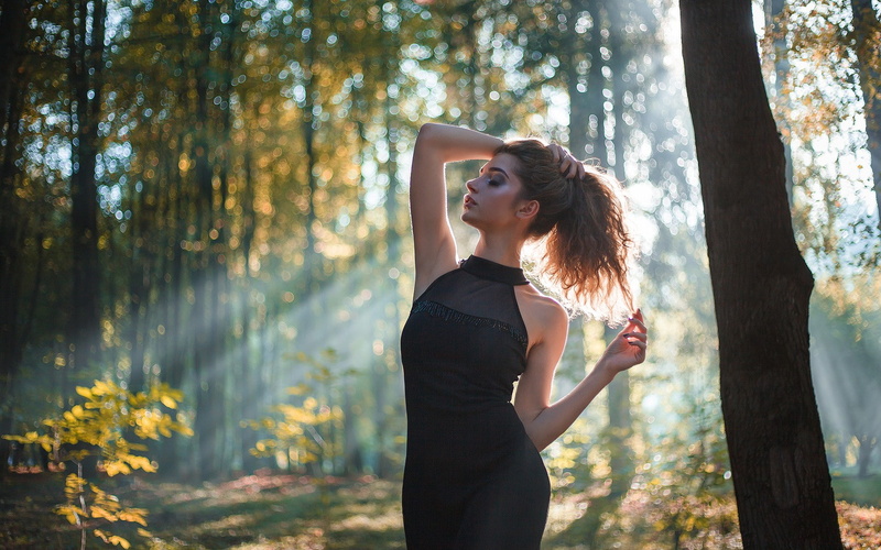 1080P, tree, long hair, lifestyles, outdoors, real people, trunk, young women, young adult, black dress, women outdoors, beauty, land, leisure activity