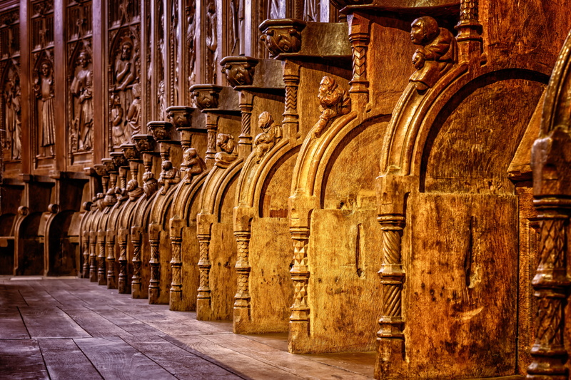 in a row, the past, travel destinations, place of worship, altar, hand labor, design, arch, catholic, priest seats, built structure, building, art, no people