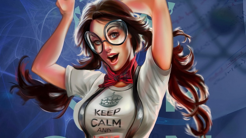 long hair, realistic, glasses, looking at viewer, Keep Calm and..., 1080P, open mouth, blue eyes, anime, brunette, anime girls
