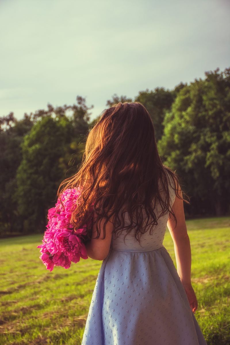 sun, peony, focus on foreground, plant, nature, hair, summer, one person, adult, long hair, land, young adult, sunlight, bouquet, tree, field, 5K, standing
