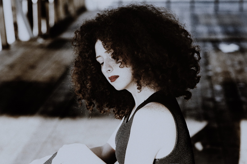 curly Hair, sitting, day, people, real people, young Women, one Person, white, looking away, focus, 4K, selective, brown hair, woman, portrait, hair, side view