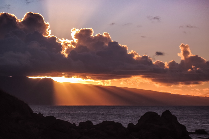 sunlight, sun, beauty in nature, idyllic, beach, cloud - sky, orange color, nature, orange, rock, scenics - nature, hawaii, horizon, united states, sky