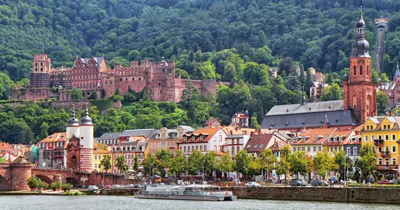 the Neckar river, forest, Heidelberg Castle, Church, Karl Theodor Bridge, Heidelberg, 1080P, ship, Germany, bridge, building, Church Of The Holy Spirit