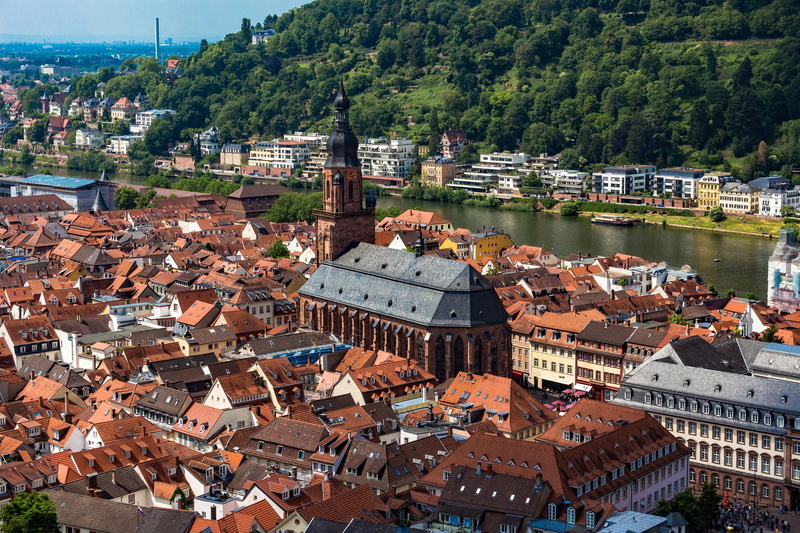 Church, home, town, Cathedral, building, Baden-Württemberg, Neckar River, Germany, 1080P, Church Of The Holy Spirit, The Neckar River, river, Heidelberg