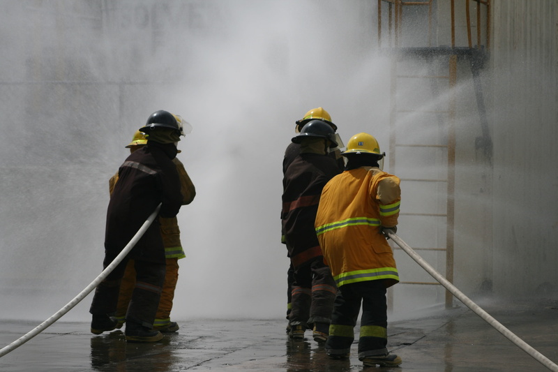 spraying, teamwork, headwear, safety, accidents and disasters, hose, brigades, fire hose, protection, protective workwear, outdoors, security, nature, salvation