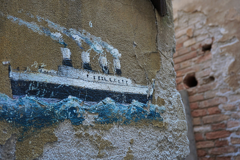 passenger ship, black, abandoned, mediterranean, stone wall, steamer, ship, art, outdoors, blue, no people, wall - building feature, painting, damaged