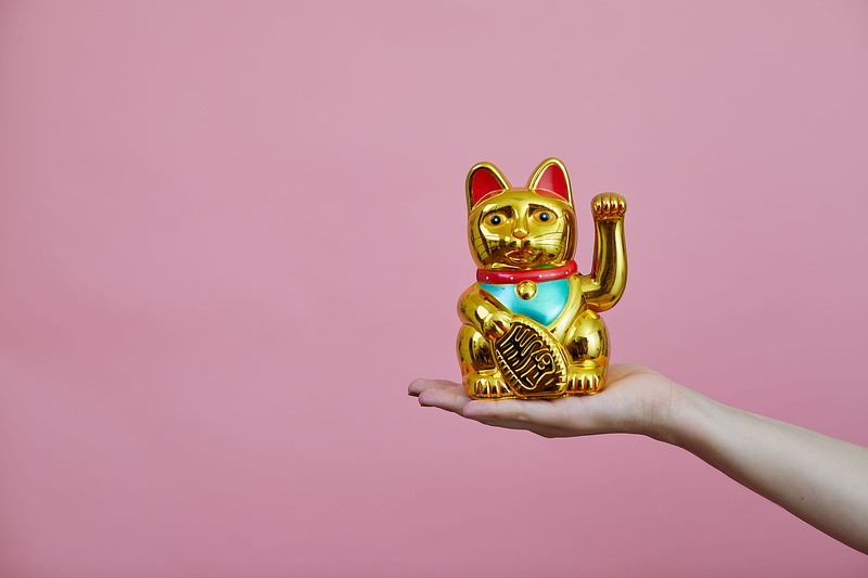 human hand, women, celebration, hand, gold, body part, adult, figurine, pink color, 2K, maneki, toy, pink background, human body part, studio shot, one person