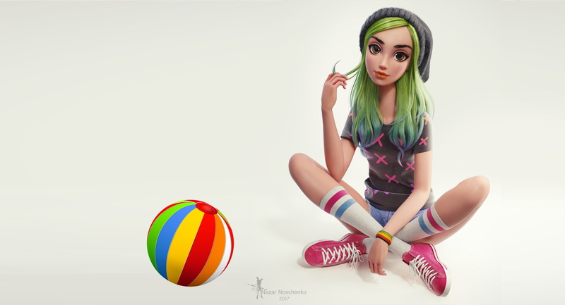 Nazar Noschenko, art, Green hair girl, girl, 2K