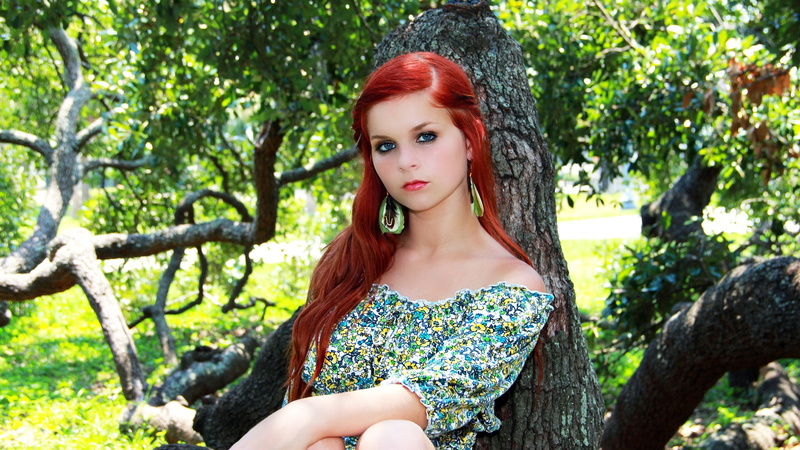 women, s, face, yellow, redhead, look, eyes, blue, floral, blouse, trees, blue eyes, 1080P