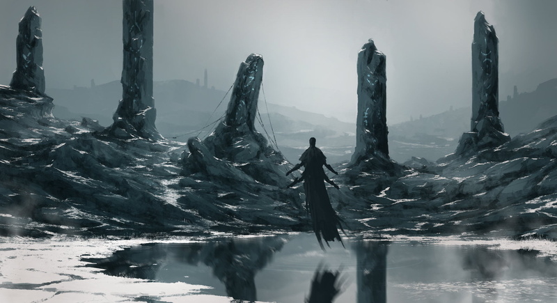 monochrome, figurines, cold, demon, Four Arms, nature, tranquil scene, rocks, ceramic, reflection, winter, cold temperature, black, two, 1080P, one person