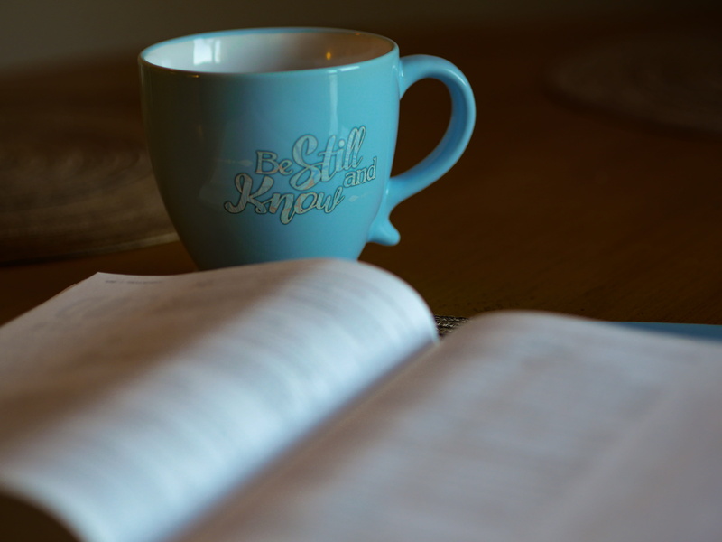 tea, wood - material, indoors, still life, morning, shallow, crockery, god, mug, blue, open, christian, communication, coffee, coffee cup, drink, book