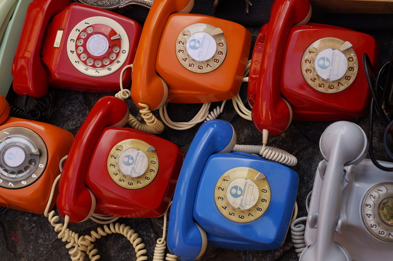 rotary, high angle view, communication, phone cord, seven, colored, handset, global communications, still life, retro styled, telephones, no people, antique