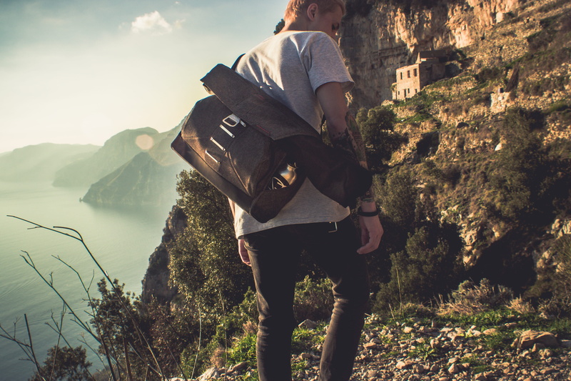 path of god, backpack, casual clothing, mountains, positano, leisure activity, built structure, guy, ocean, sea, no face, 4K, sky, outdoors, human, tattoo