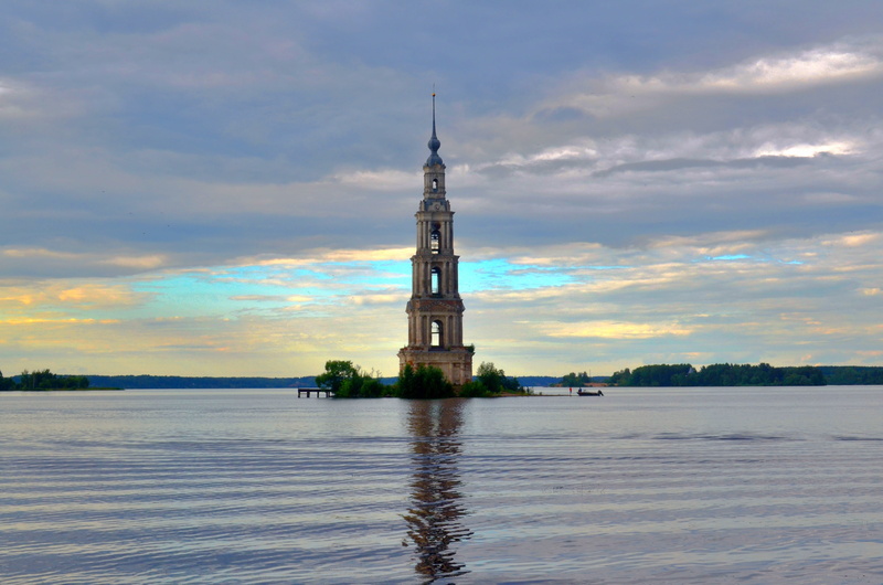 tall - high, religion, nature, orthodoxy, temple, building, travel destinations, sunset, building exterior, water, tower, outdoors, kalyazin, spire, belfry