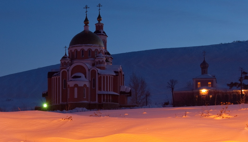 orthodox, building exterior, russia, dusk, building, church, snow, place of worship, cold temperature, temple, orthodoxy, 1080P, illuminated, dome of the cathedral