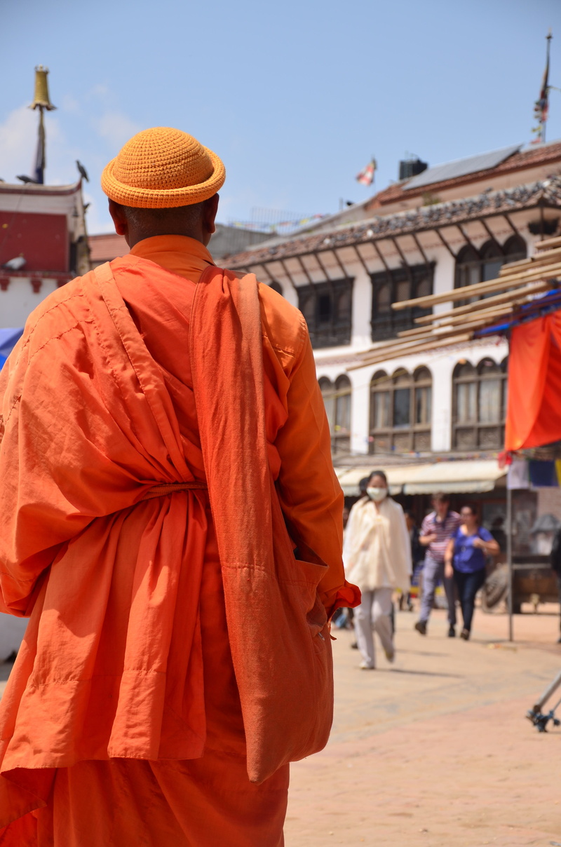 building, day, walking, adults only, Nepal, orange color, people, religion, adult, traditional clothing, 4K, stupa, rear view, standing, built structure