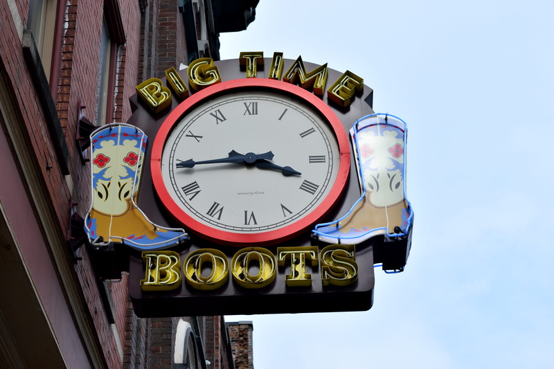 sign, bright, nashville tennessee, instrument of time, low angle view, country western, business, time, clock, clock face, boots for sale, marketing, hour hand