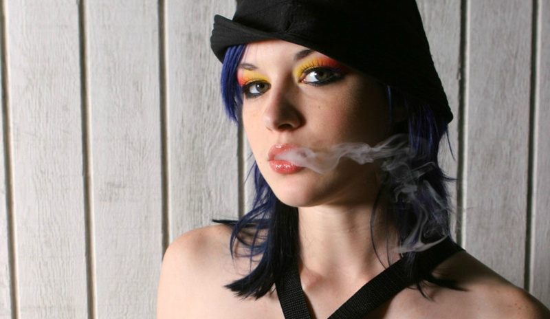 blue hair, clothing, headshot, one person, makeup, close-up, hairstyle, fashion, young women, Stoya, young adult, human body part, human face, women, looking at camera