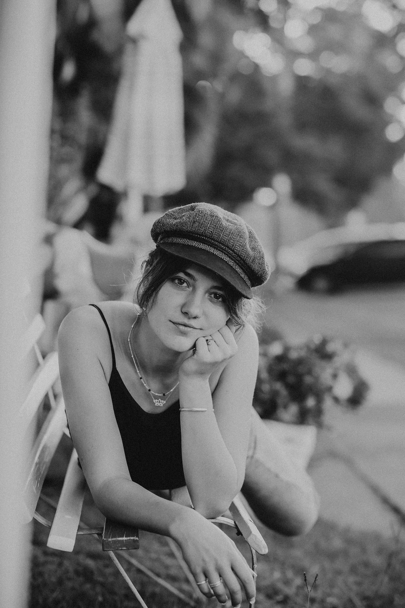 5K, contemplating, laying down, lying, relax, hairstyle, happy, women, fashion, blackandwhite, looking, front view, photo, leisure activity, bench, calm