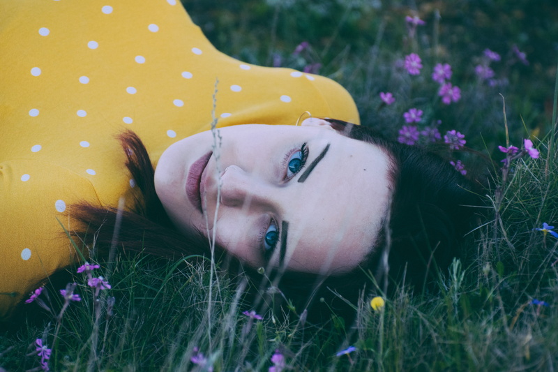 lavrion, dress, grassy, selective focus, relax, pure, headshot, female, fashion, 5K, leisure activity, calm, plant, real people, nature, pose, lying, beautiful woman