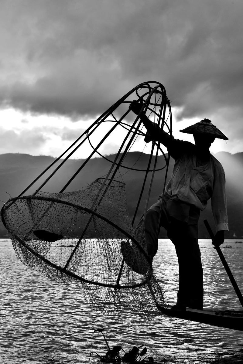 nature, cloud - sky, real people, full length, black and white, water, sky, asia, outdoors, fishing, fishing net, fishing industry, waterfront, inle lake