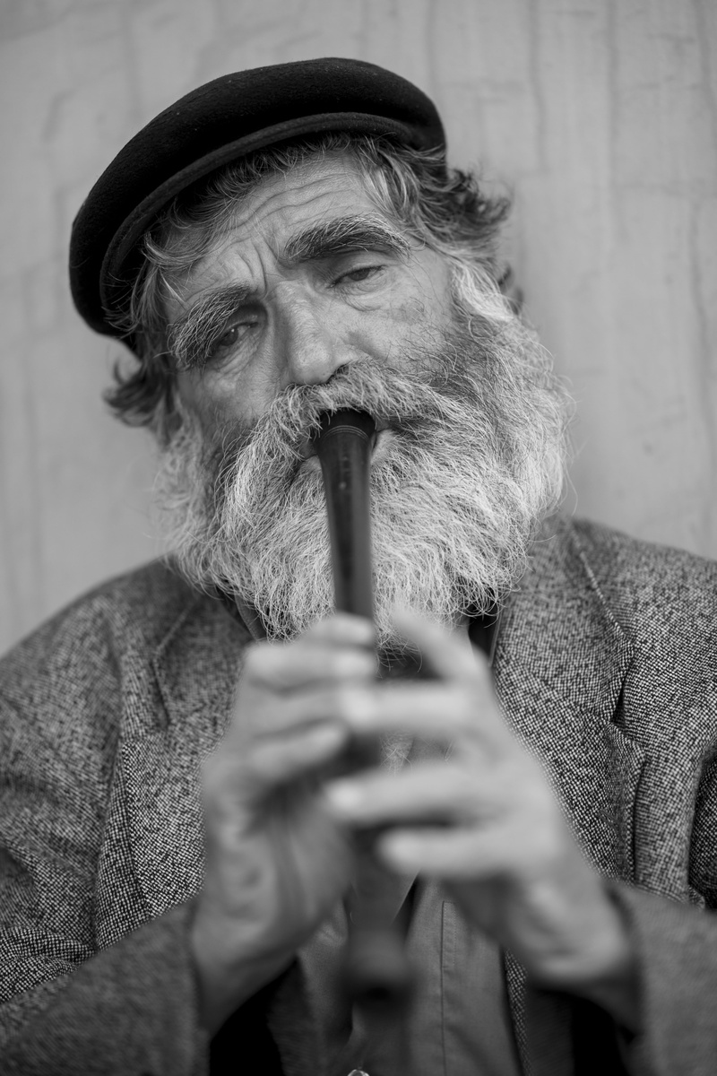 flute, kaval, tired, overview, photo, desperate, leisure activity, day, greyscale, one man only, human, music, eyes, only men, adults only, bearded, black and white