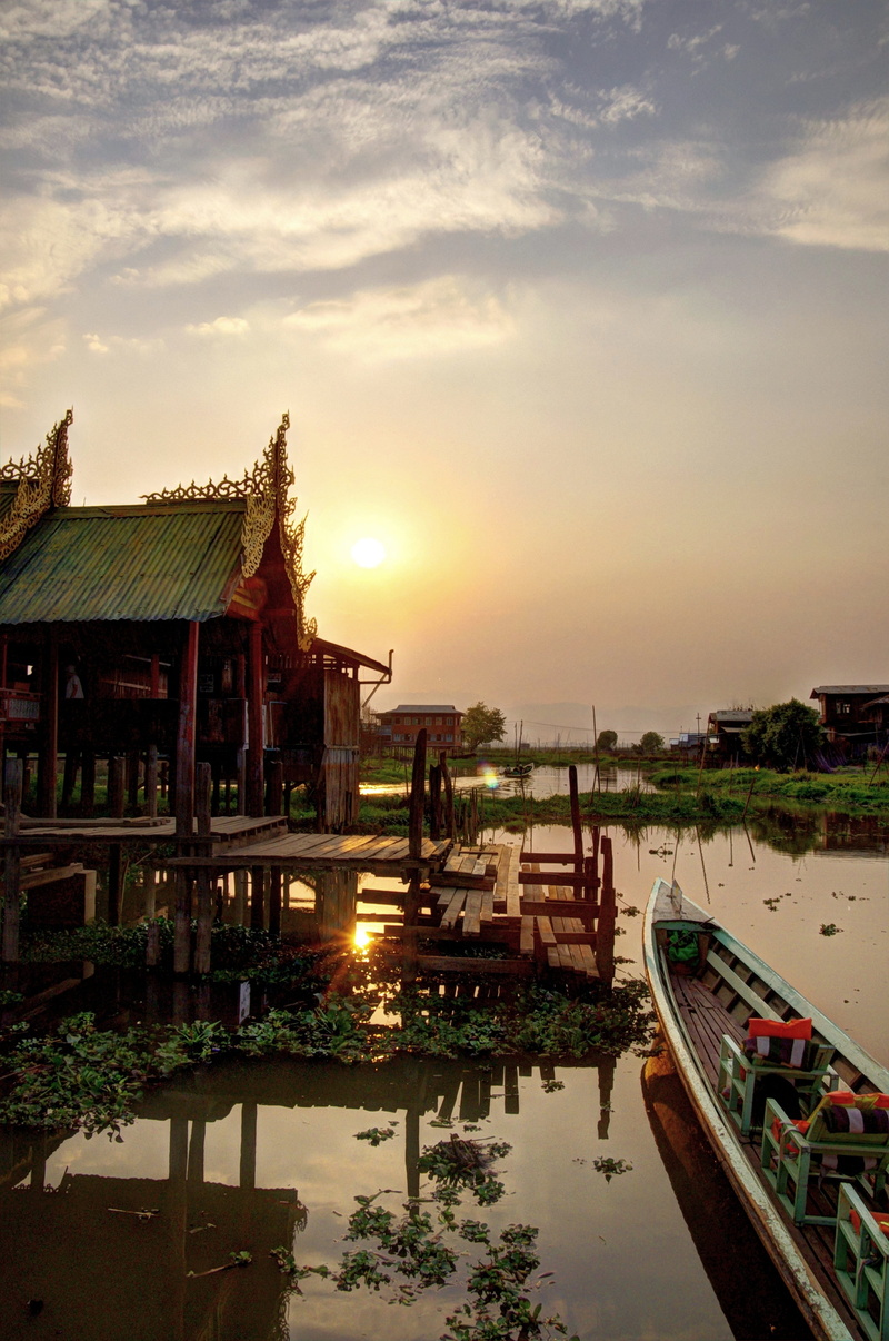building, nature, sky, architecture, orange color, hdr, sunset, inle lake, no people, building exterior, swimming pool, bridge, waterfront, 4K, cloud - sky